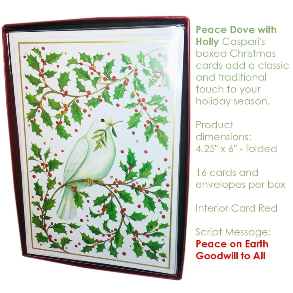 Caspari Peace Dove with Holly Stationery Set - White and Green with Red Berries